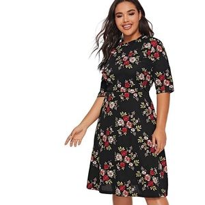 Romwe Plus Black Floral MIDI A Line Dress